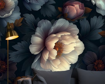 Gold Flowers, Luxury Pattern, Removable Wallpaper, Peel and stick Dark Floral
