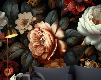May include: A dark background with a large, orange-brown rose in the center. The rose is surrounded by other flowers in shades of white, cream, and red. The flowers are arranged in a lush, romantic style.