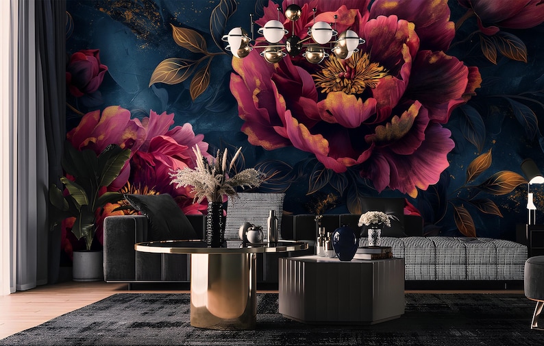 Dark Floral Peony Wallpaper Mural | Romantic Pink Blossoms on Navy ...