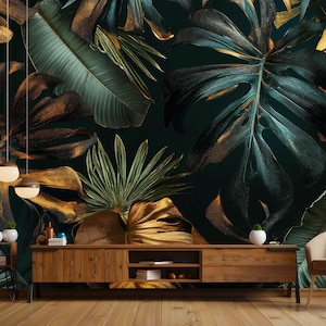 Black and gold tropical leaves peel and stick wallpaper Modern home decor Removable wallpaper black tropical leaves renter-friendly