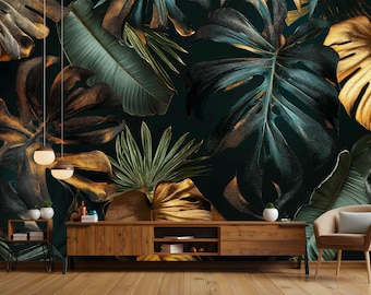 Black and gold tropical leaves peel and stick wallpaper Modern home decor Removable wallpaper black tropical leaves renter-friendly