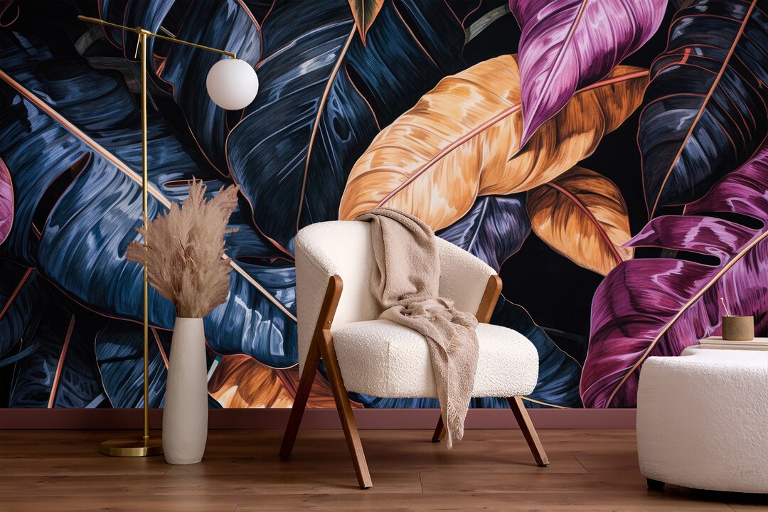 Dark Tropical Wallpaper, Peel and Stick Colorful Palm Leaves Wall Mural ...