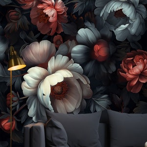 Peony Floral Large Wallpaper, Dark Botanical Self-Adhesive Wall Mural