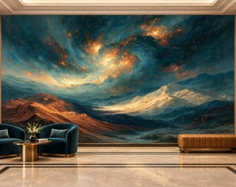 Teal Gold Celestial Mountain Wallpaper Mural | Spiral Nebula Sky Peel and Stick Wall Mural | Copper Red Peak Removable Wallpaper