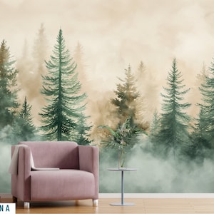 Papier peint forêt, papier peint forêt boisée pour chambre à coucher, papier peint vinyle nature sapin aquarelle murale amovible