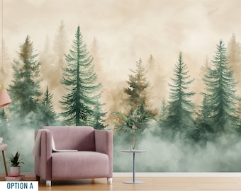 Forest Wallpaper Peel and Stick, Woodland Forest Wallpaper for Bedroom, Watercolor Pine Tree Nature Vinyl Wallpaper Removable Wall Mural