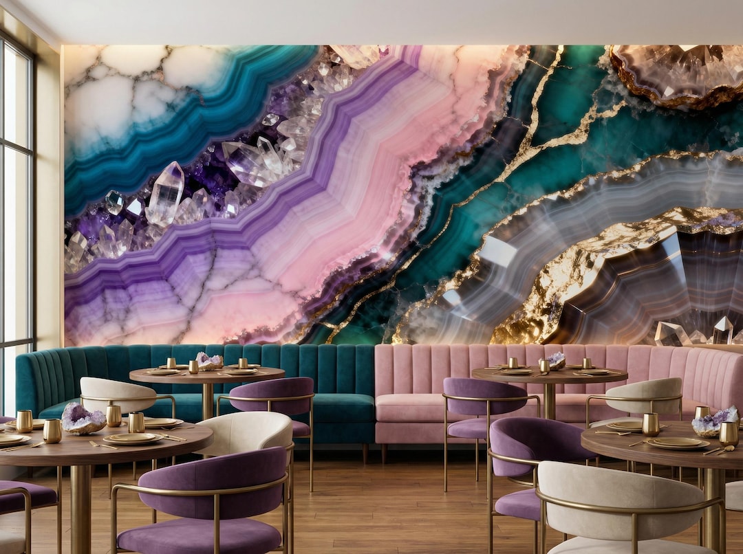 Teal Purple Geode Wallpaper, Amethyst Crystal Mural, Gold Agate Peel ...