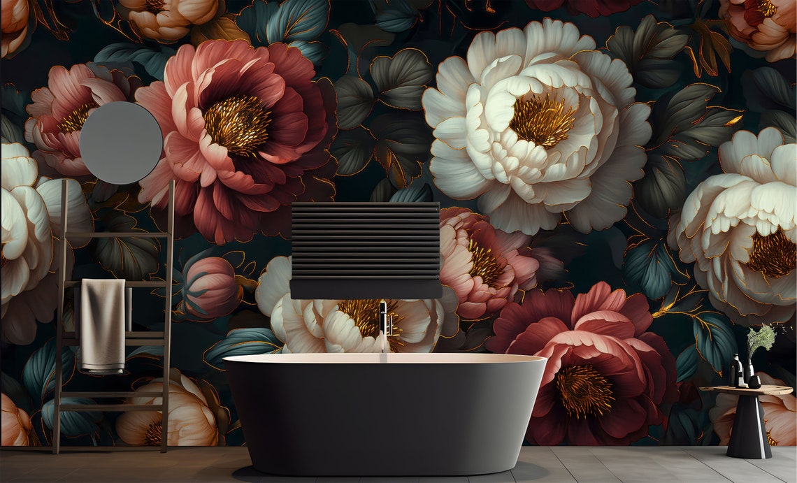 Elegant Vintage Floral Black Wallpaper Mural for Walls, Peel and Stick ...