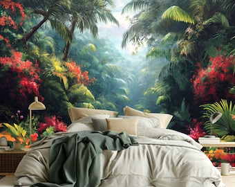 Watercolor Palm Tree Design Removable Wallpaper for Tropical Decor Peel and stick, Non Woven Wallpaper