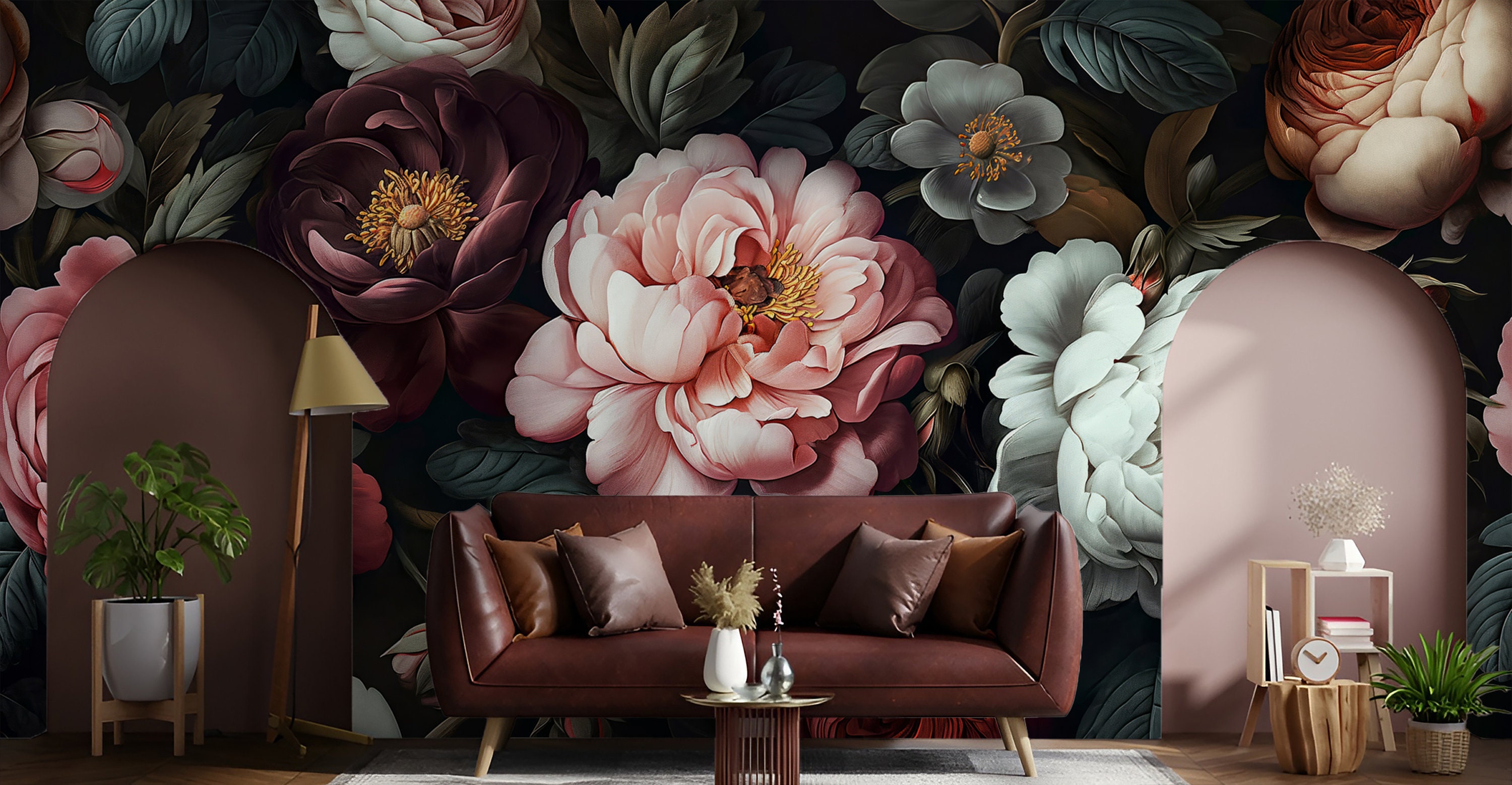 Temporary Dark Floral Wall Mural for Room Decoration, Rose Peony Wall ...