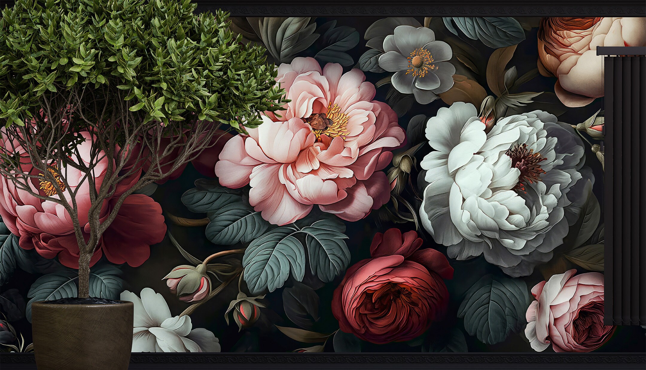 Temporary Dark Floral Wall Mural for Room Decoration, Rose Peony Wall ...