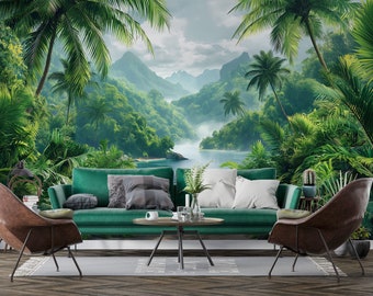 熱帯雨林の木々の壁画 剥がして貼れる熱帯雨林の壁紙 寝室 オフィス リビングルーム 緑の森 壁アート 装飾 自然壁画