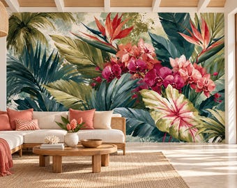 Tropical Orchid Bird of Paradise Wallpaper Mural | Magenta Coral Watercolor Peel and Stick Wall Mural | Island Resort Removable Wallpaper