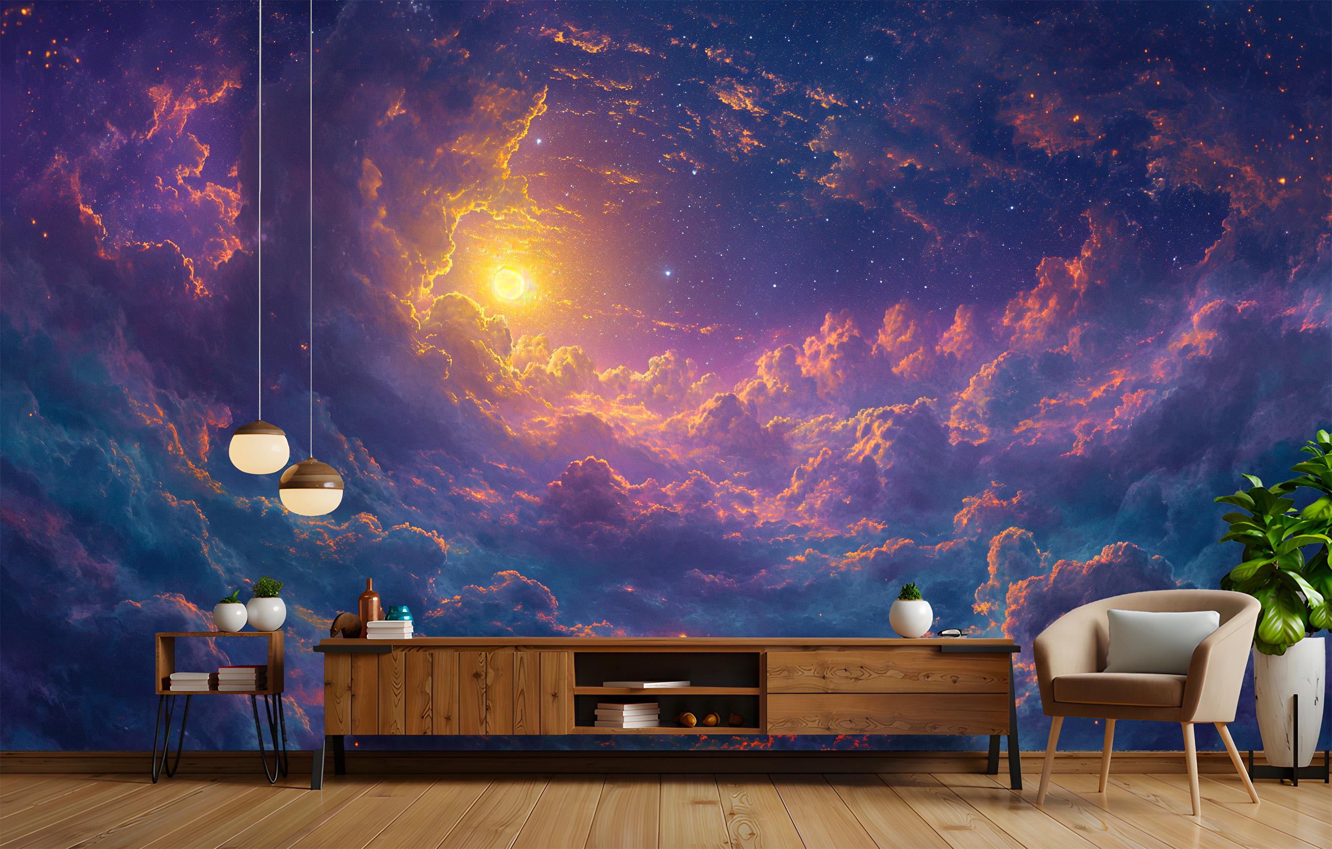 Celestial Clouds and Stars Wallpaper - Peel and Stick Mural | Non-woven ...