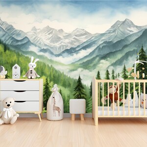 Forest Wall Mural With Mountain and Trees, Peel and Stick Nursery ...