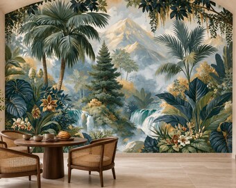 Tropical Mountain Waterfall Wallpaper Mural | Palm Pine Forest Illustrated Peel and Stick Wall Mural | Toile Inspired Removable Wallpaper