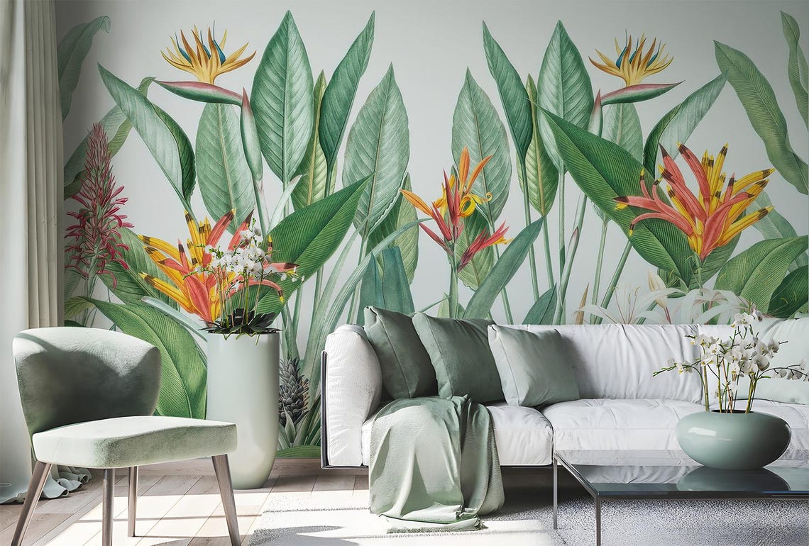Bird of Paradise Tropical Wallpaper | Exotic Greenery Wall Mural | Peel ...