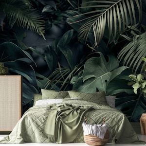 Carta da parati con foglie esotiche / Carta da parati tropicale scura / Elegante foglia di Monstera / Design staccabile e attaccabile