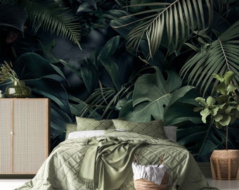 Exotische bladeren muurschildering | Donker tropisch behang | Elegant monsterablad | Peel-and-Stick-ontwerp