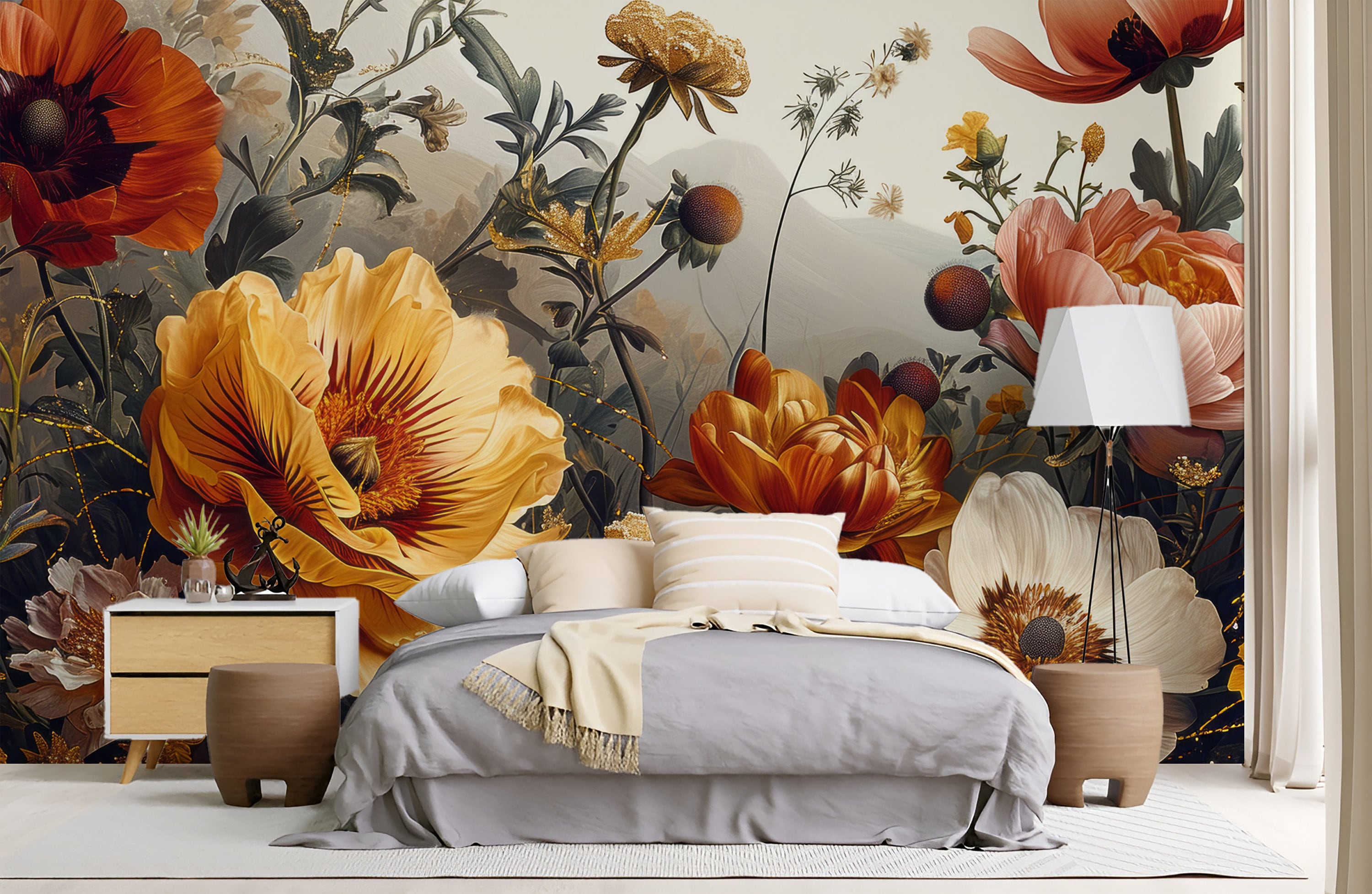 Gold Peony Wallpaper Peel and Stick, Watercolor Soft Floral Wall Mural ...