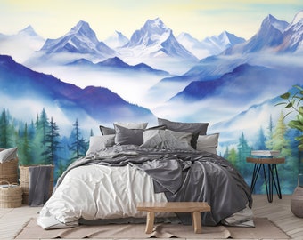 Watercolor Foggy Forest & Mountain Wallpaper Temporary Watercolor Wallpaper Mountain Mural Living Room Mural Eco Friendly