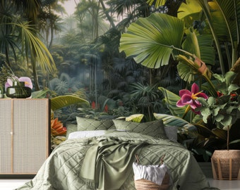 May include: A green bedspread with a quilted pattern is on a bed with white and green pillows. The bed is in front of a wall mural depicting a lush tropical jungle with large green leaves and pink flowers.