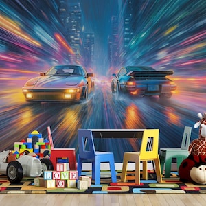 May include: A vibrant mural featuring two sports cars racing through a city at night, with streaks of light creating a sense of speed. The scene is set in a child's playroom, with colorful chairs, a table, toy blocks, and stuffed animals.