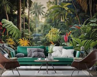 May include: A green velvet sofa with two cushions sits in front of a tropical jungle mural. The mural features lush green foliage, vibrant flowers, and palm trees.