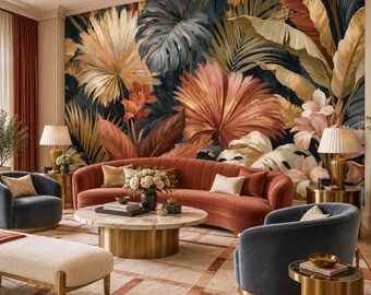 Terracotta Pink Gold Palm Leaf Wallpaper Mural | Dark Teal Botanical Peel and Stick Wall Mural | Sunset Glam Removable Wallpaper