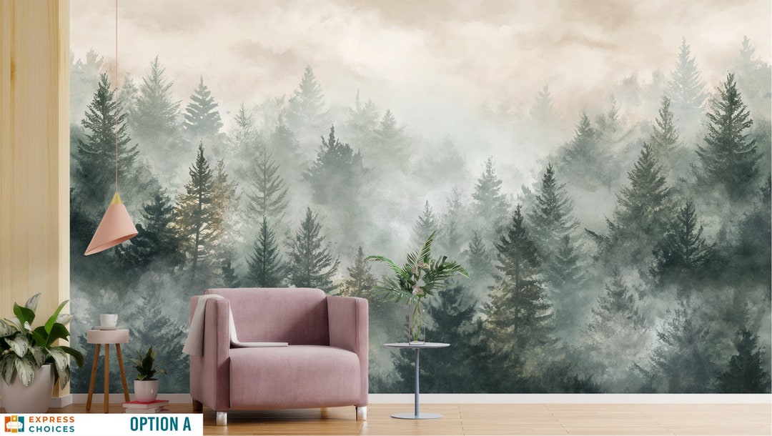 Misty Forest Landscape Wallpaper Peel and Stick Wall Mural Kids ...