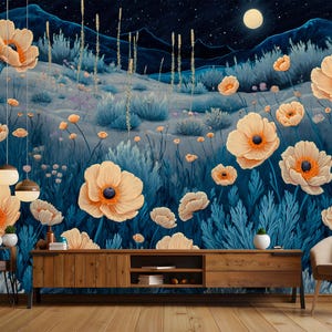 Carta da parati Midnight Desert Blooms – Carta da parati murale in tessuto non tessuto con stelle, cactus e fiori di campo – Ideale per camere da letto o soggiorni