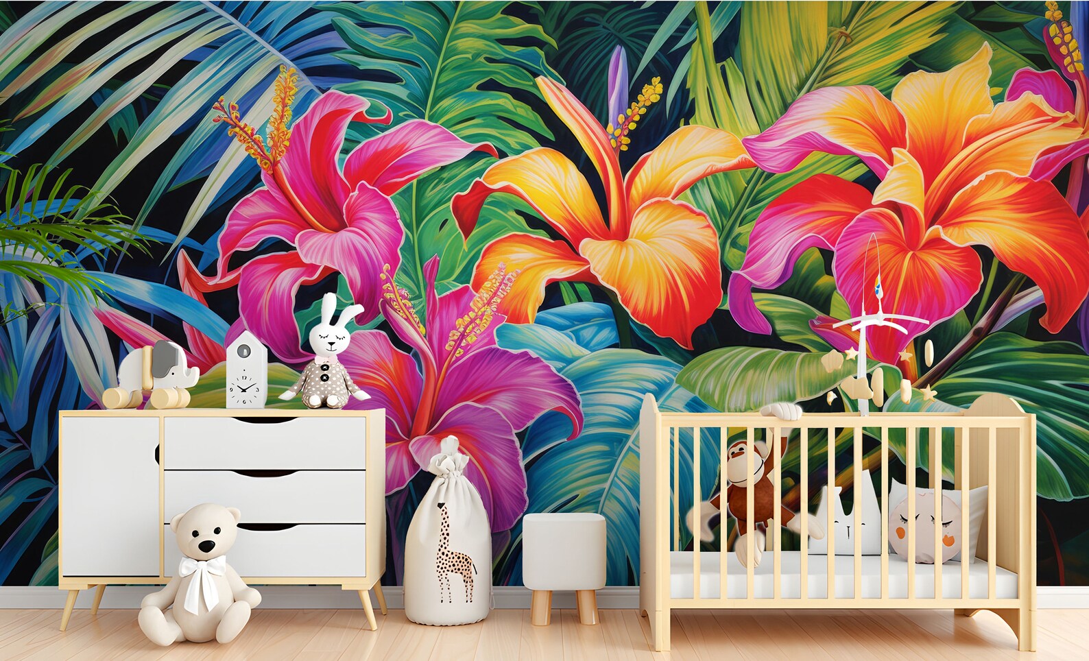 Green Tropical Leaves Removable Wall Mural Peel and Stick Pink Exotic ...
