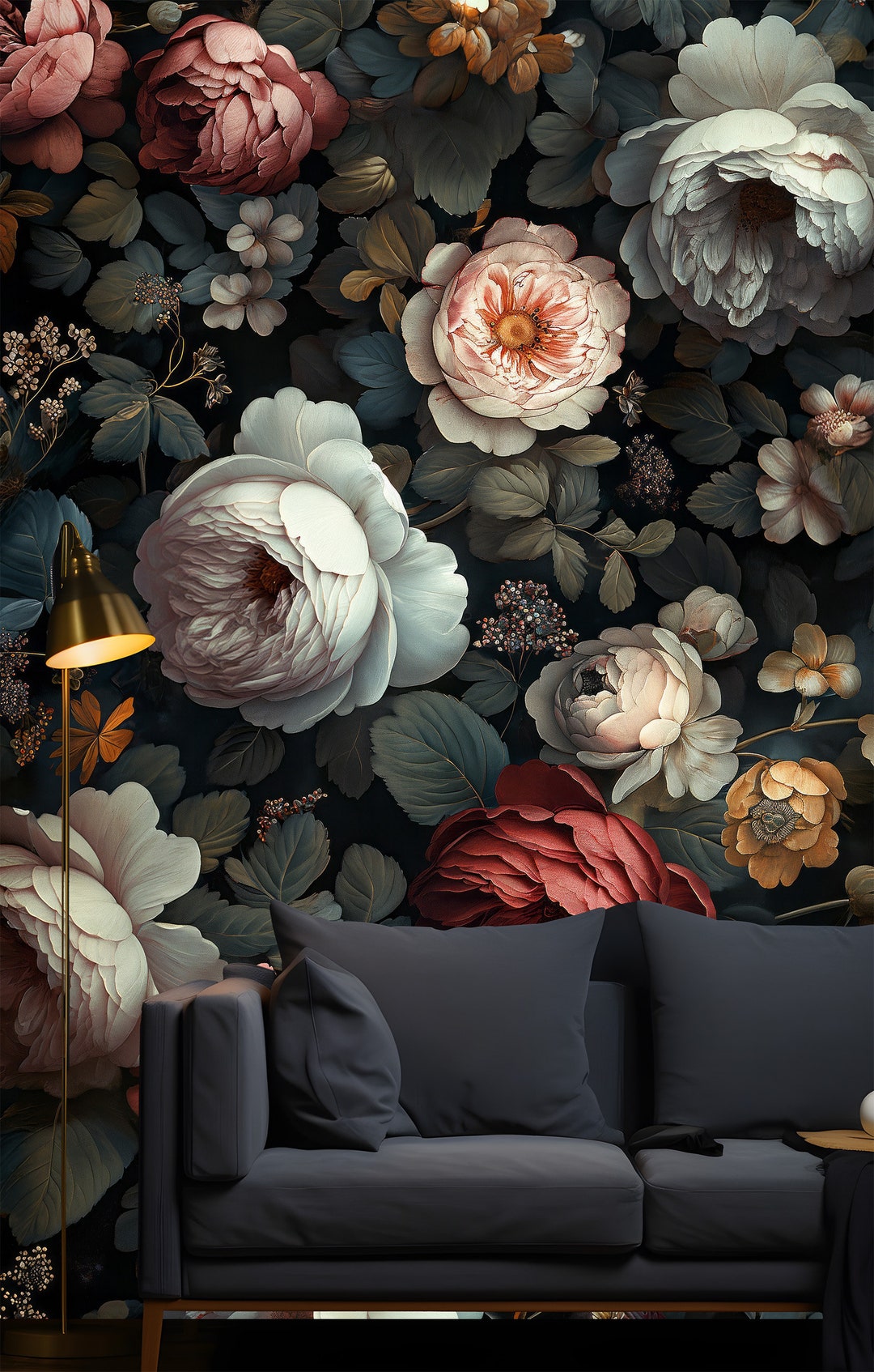 Botanical Flowers Wallpaper Baroque Style, Vintage Dark Floral - Etsy