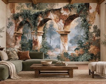Vintage Garden Arch Wallpaper Mural | Ivy Terracotta Stone Fresco Peel and Stick Wall Mural | Italian Garden Removable Wallpaper
