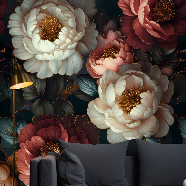 Elegante vintage bloemenzwarte behangmuurschildering voor muren, schillen en plakken