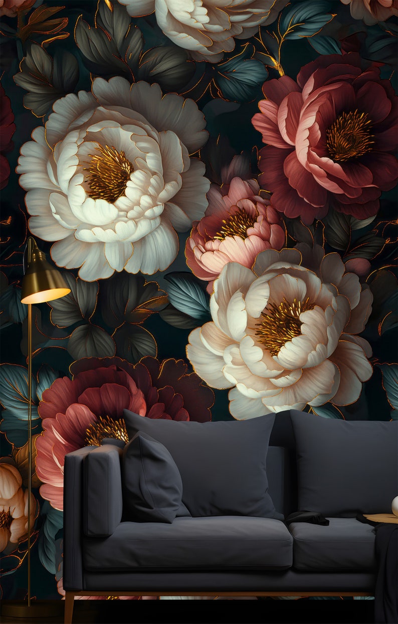 Elegant Vintage Floral Black Wallpaper Mural for Walls, Peel and Stick ...
