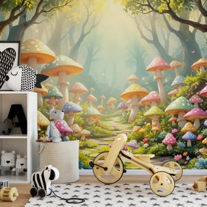 Mushroom Forest Wallpaper | Fairy Tale Peel and Stick Mural | Whimsical Fantasy Wall Decor