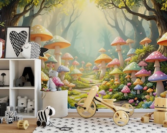 Mushroom Forest Wallpaper | Fairy Tale Peel and Stick Mural | Whimsical Fantasy Wall Decor
