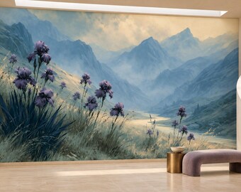 Violet Iris Wallpaper Mural | Blue Mountain River Valley Peel and Stick Wall Mural | Romantic Floral Landscape Removable Wallpaper