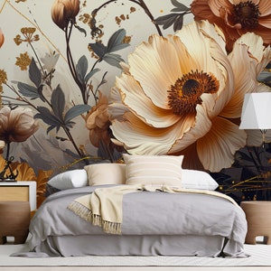 Carta da parati floreale con peonie beige dorate, grande carta da parati staccabile e adesiva, murale per cameretta delle bambine, per camera da letto, soggiorno, bagno