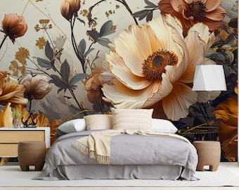 Gold Beige Peonies Floral Wallpaper, Large Scale Peel and Stick Removable, Baby Girl Nursery Mural For Bedroom, Livingroom, Bathroom