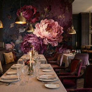 Close up of textured brushstrokes on dark botanical peel and stick wallpaper