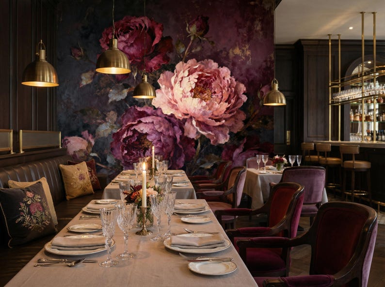 Close up of textured brushstrokes on dark botanical peel and stick wallpaper