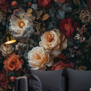 Secret Garden Wallpaper, Baroque Style Magnetic Dark Botanical Flowers Wall Mural, Peel and stick Floral
