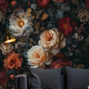 Carta da parati Secret Garden, murale magnetico in stile barocco con fiori botanici scuri, stacca e attacca floreale