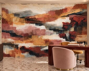Terracotta Blush Ochre Abstract Wallpaper Mural | Color Block Impasto Peel and Stick Wall Mural | Warm Modern Art Removable Wallpaper