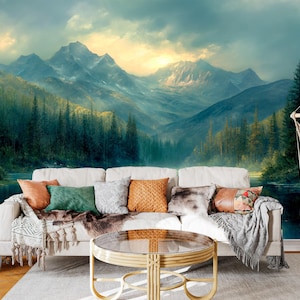 May include: A living room with a mountain scene mural on the wall. The room is decorated with a white couch, a coffee table, a throw blanket, and a hammock.