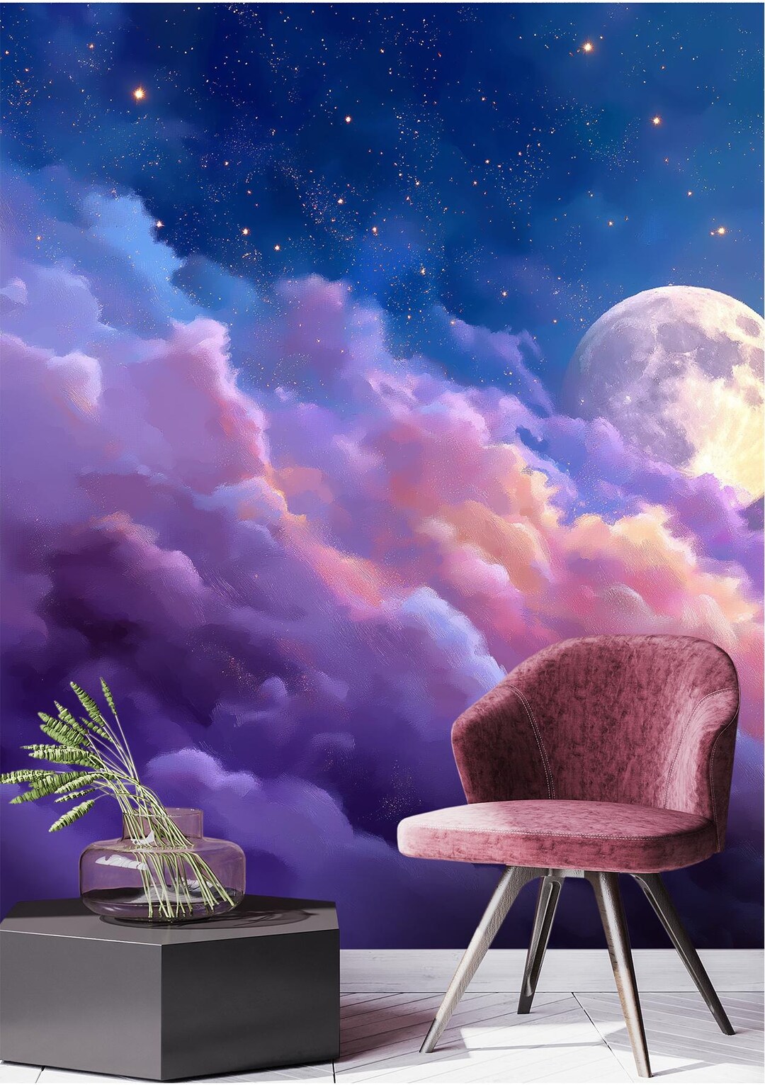 Moonlit Sky & Pastel Clouds Wall Mural – Peel and Stick Removable ...