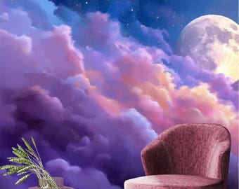 Carta da parati murale con cielo illuminato dalla luna e nuvole pastello – Carta da parati celeste rimovibile da staccare e attaccare per cameretta dei bambini, sala giochi