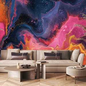 Colorful Abstract Peel and Stick Wallpaper - Easy to Apply Fluid Art